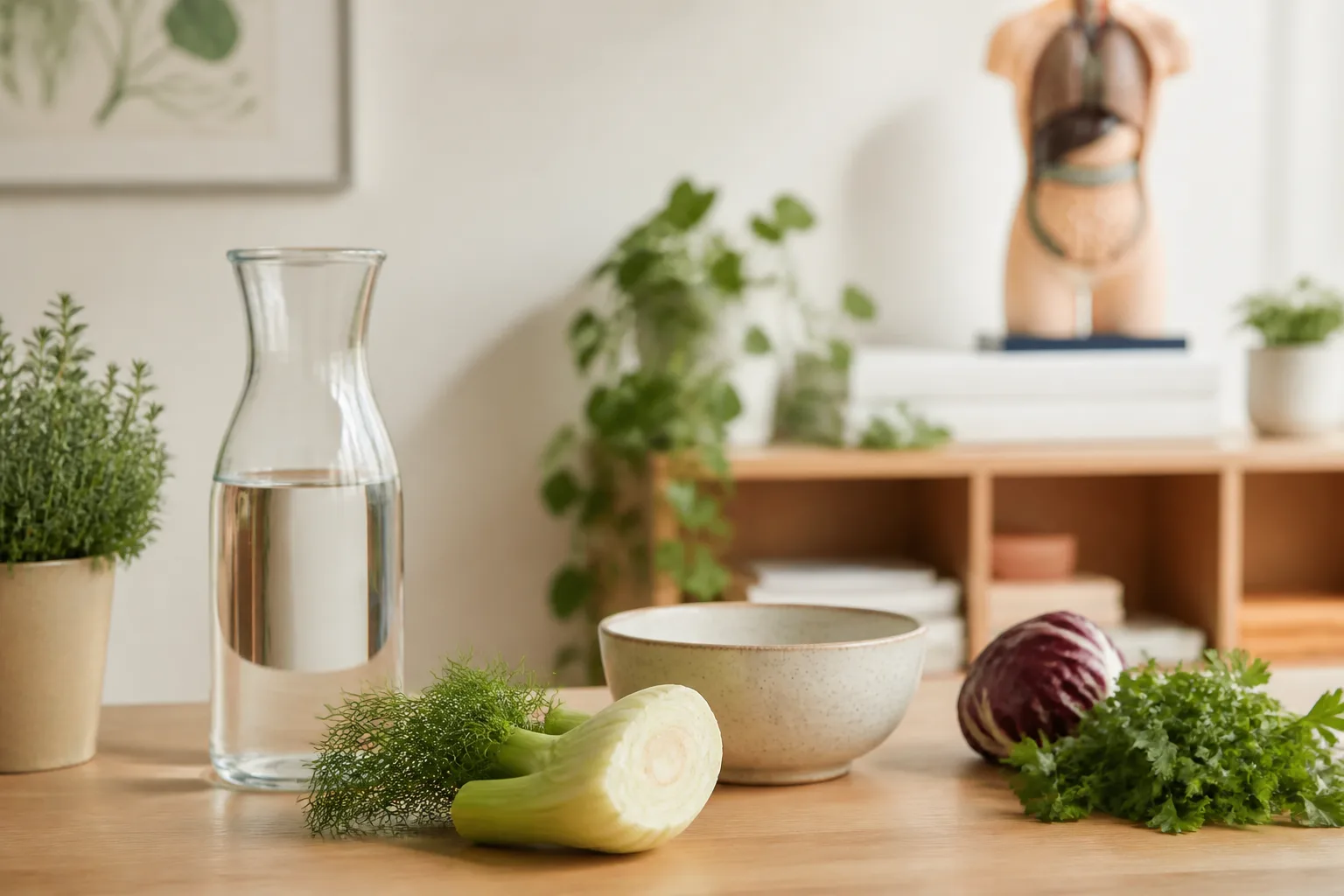 Ruhige Praxisatmosphäre mit Wasser, Fenchel und frischen Kräutern als Motiv für Darmgesundheit